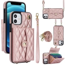 For Apple iPhone 12 mini RFID Blocking Protective Purse Wallet Case Magnetic Flip Cover Multi-Card Slots Pocket With Detachable Shoulder Strap And Wrist Strap,Rose gold,For iPhone 12 mini