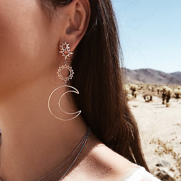 Pendientes para mujer, regalos para mujer, pendientes huecos de aleación de metal con diseño de estrella, sol y luna, estilo vintage geométrico.