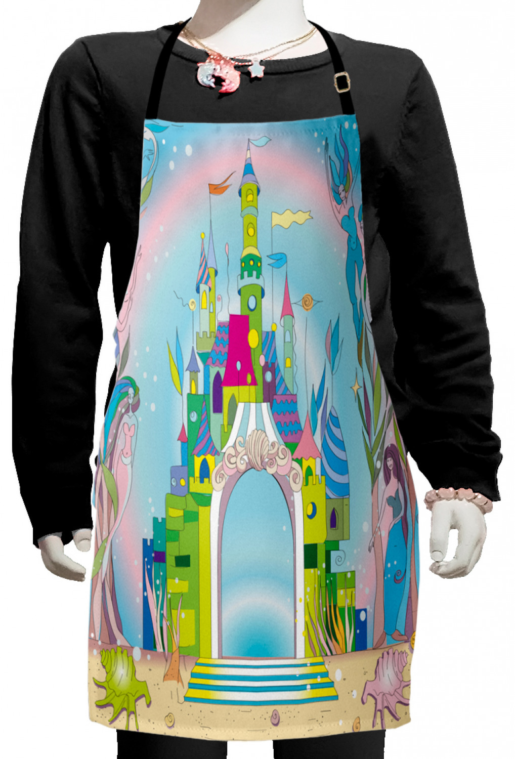 Castle Apron Colorful Kids Apron, Rainbow Toned Castle in the Ocean with Mermaid and ...