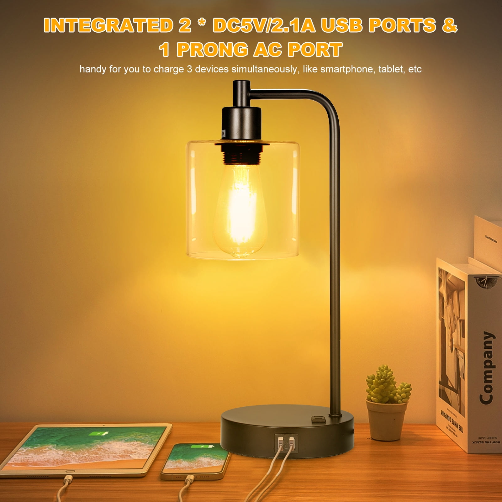 Nosilbek  Industrial Touch Table Lamps for Bedrooms Set of 2, 3-Way Dimmable Nightstand Lamps with USB C+A Ports and Outlet, Black Bedside Lamps with Glass Shade for Living Room Home Office