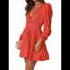 thumbnail image 2 of Vestido Mini de Larga con Escote en V Profundo para Mujer, Corte A, Cintura Alta, Informal, Fluido, Ideal para Invitadas A Cócteles y Bodas Naranja Rojo M, 2 of 8