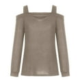 thumbnail image 4 of Lovskoo Long Sleeve Shirts for Women Cusal Round Neck Cold Shoulder Lightweight Sweatshirts Solid Color Pullover Tops Khaki, 4 of 6