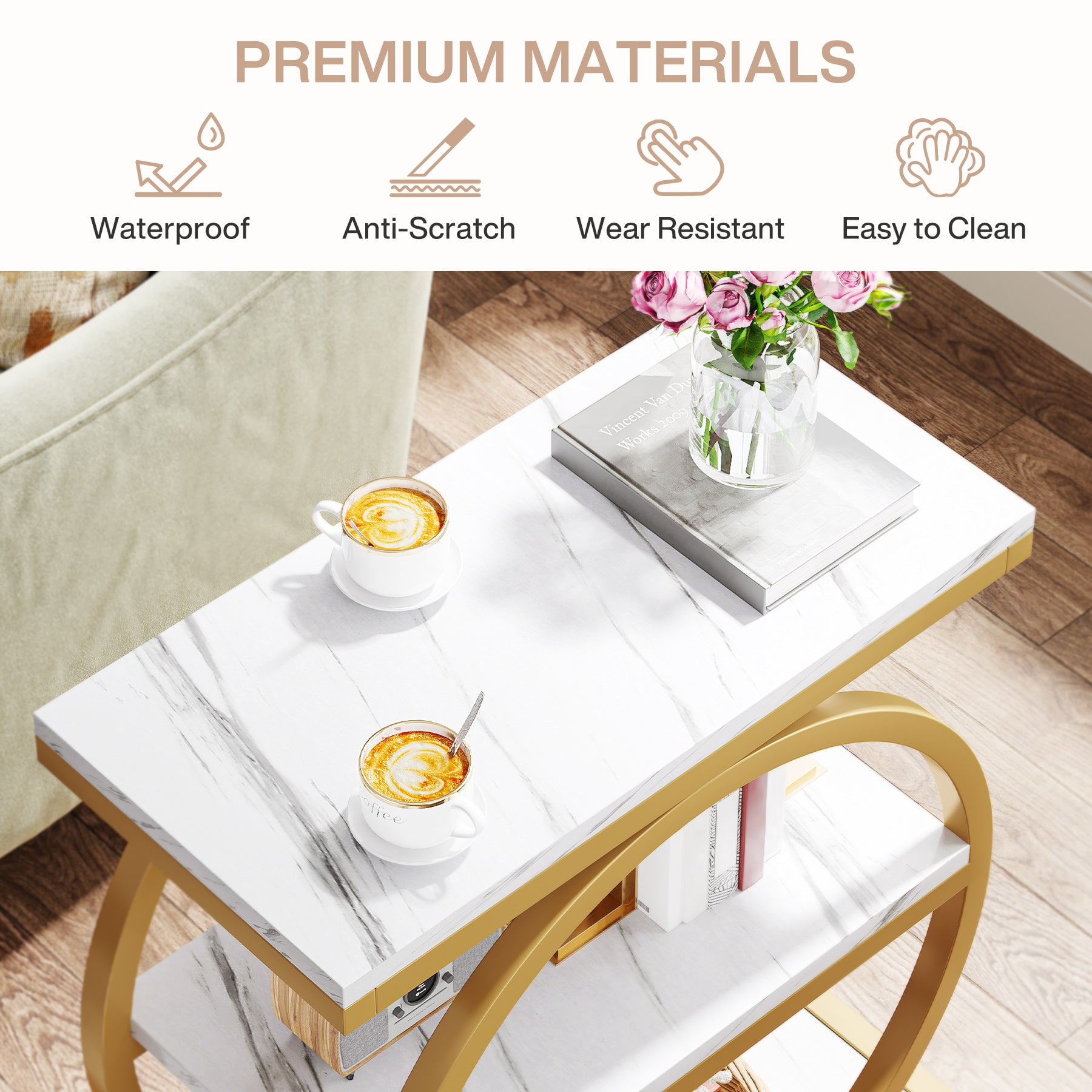 Fnova Side Table with Circular Metal Frame, End Table with 3-Tier Shelves for Living Room, White Gold
