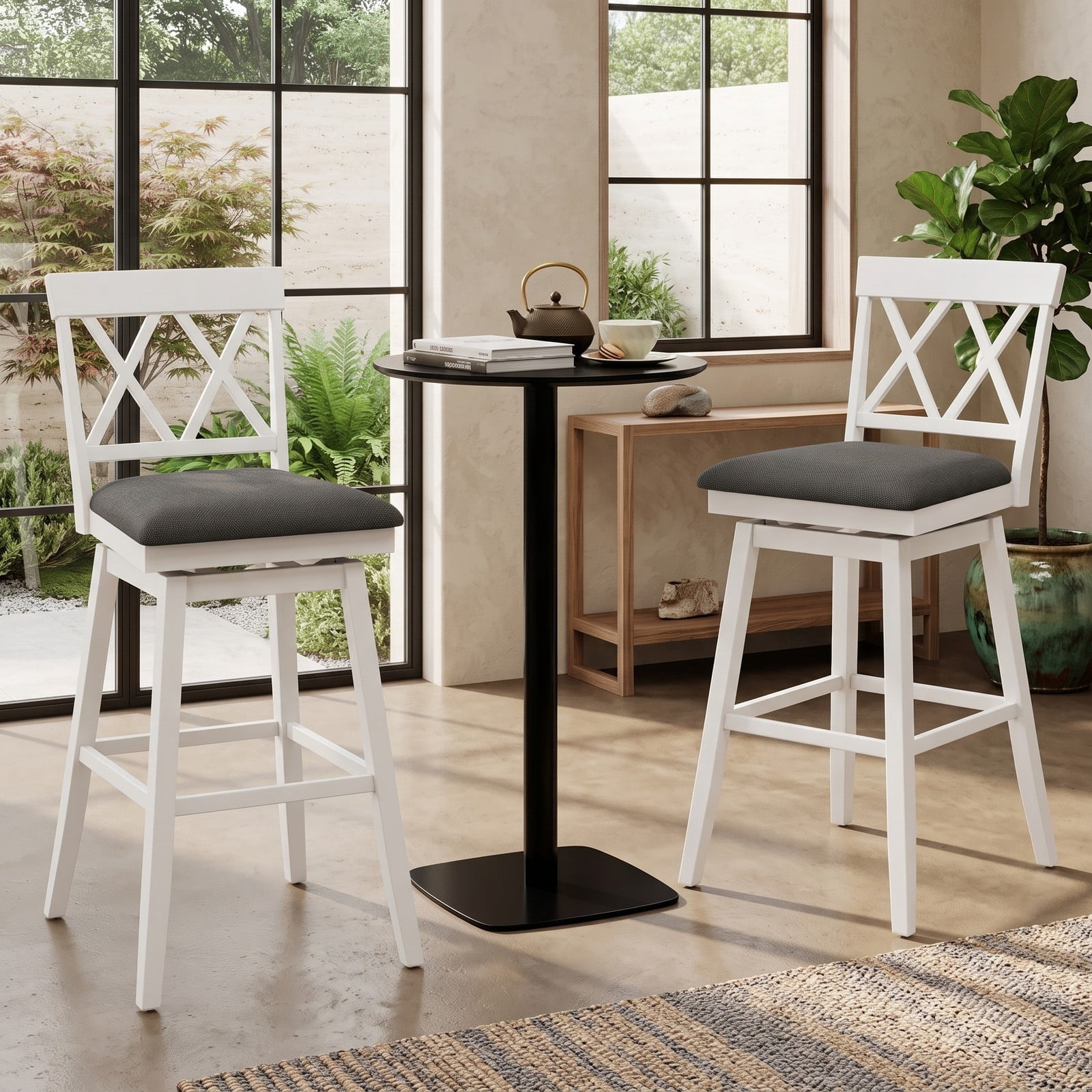 Furnibear Set of 2 Swivel Bar Stools 29 Inch Counter Height Barstools with Backrest Upholstered Linen Seat Cushion Rubber Wood Frame for Kitchen Island Pub, Oak White