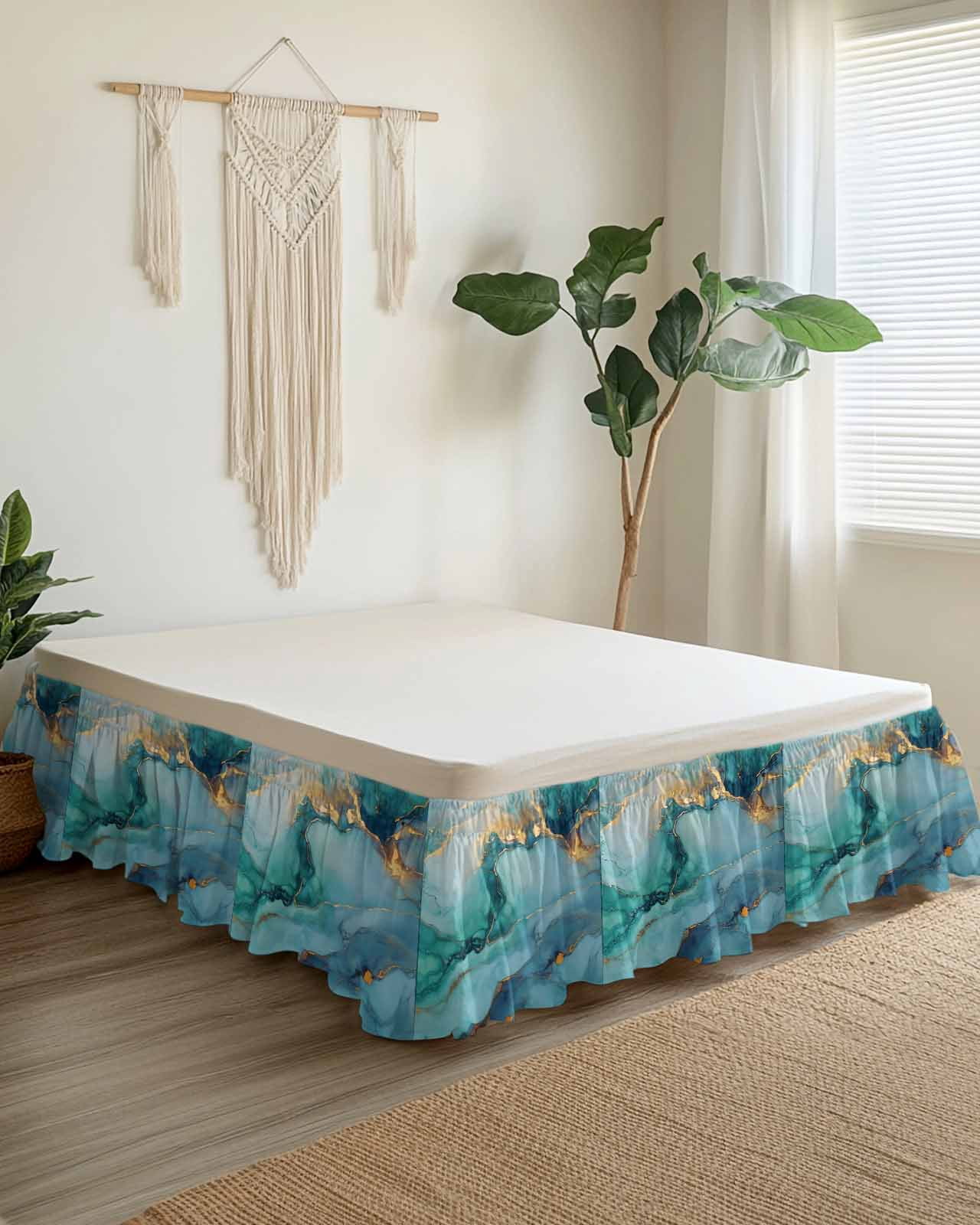 Marble Teal Wrap Around Bed Skirts for King Bed 16" Drop, Bed Skirt with Adjustable Elastic Belt Dust Ruffle Bed Valance for Bedroom Hotel Luxury Luxury Golden Modern Abstract Art Bed Frame Cover