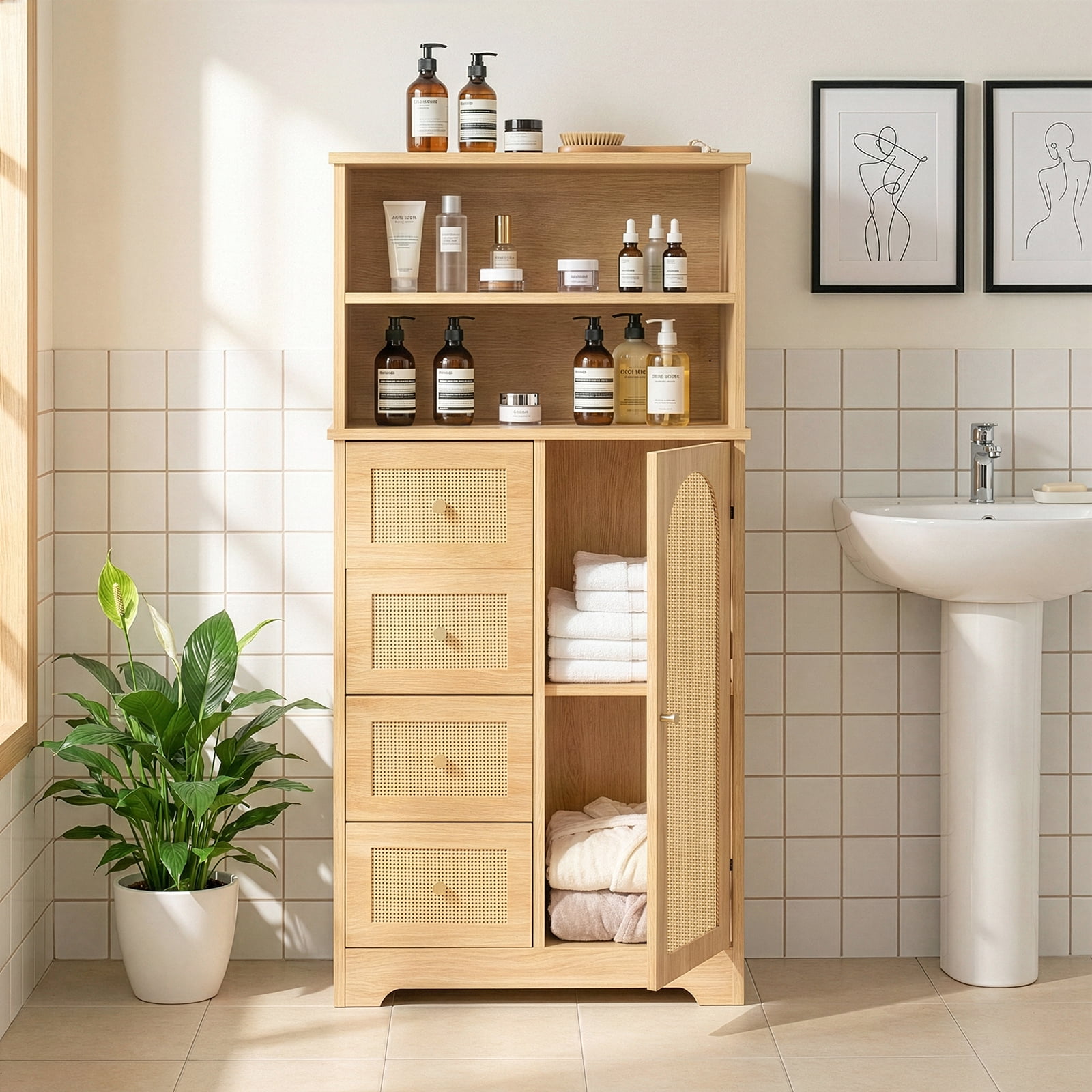 Ktaxon Bathroom Floor Cabinet with 4 Drawers 1 Cupboard & 2 Adjustable Shelves for Kitchen Living Room, Rattan