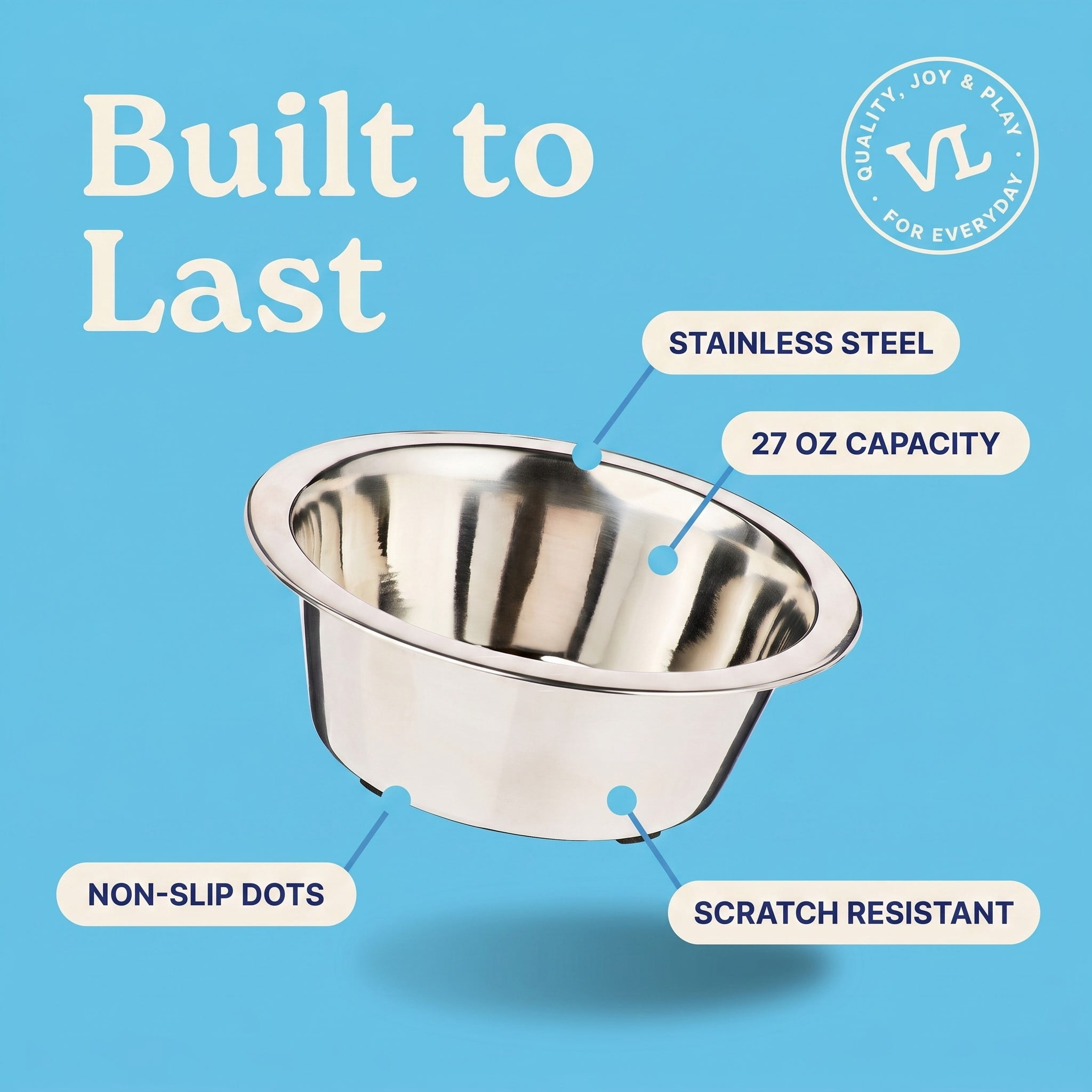 (3 pack) Vibrant Life Medium 4.2-Cup Stainless Steel Pet Bowl, Silver