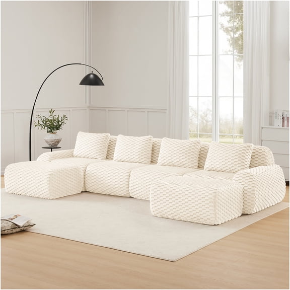 JERFIT Modern U-Shaped Sectional Sofa with Ottoman, 4-Piece Flannelette Fabric Couch Set for Living Room, No Assembly Cream Sofa