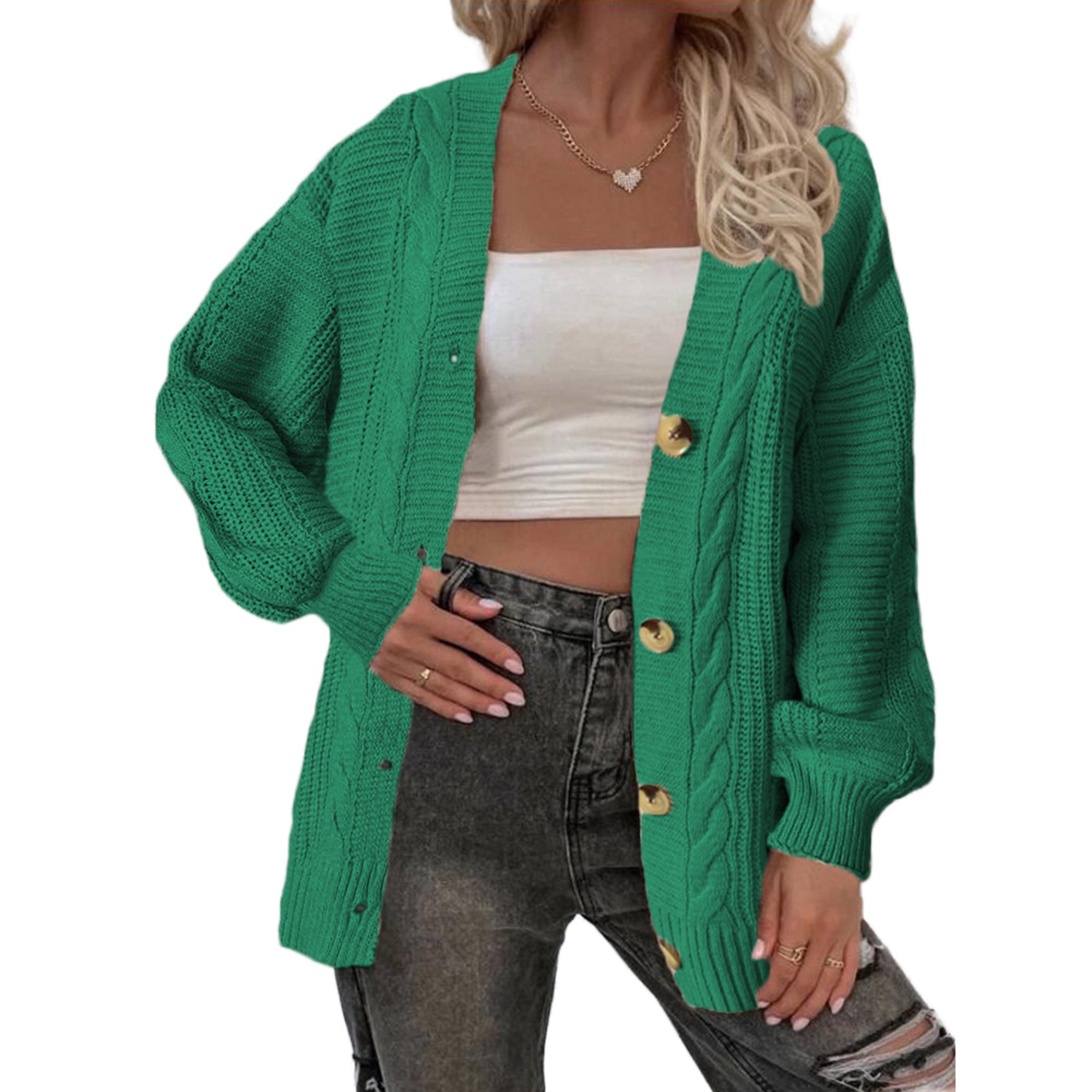 Frontwalk Women Button Down Sweaters Long Sleeve Casual Cardigan Sweater  Solid Color Work Jacket Green L - Walmart.com