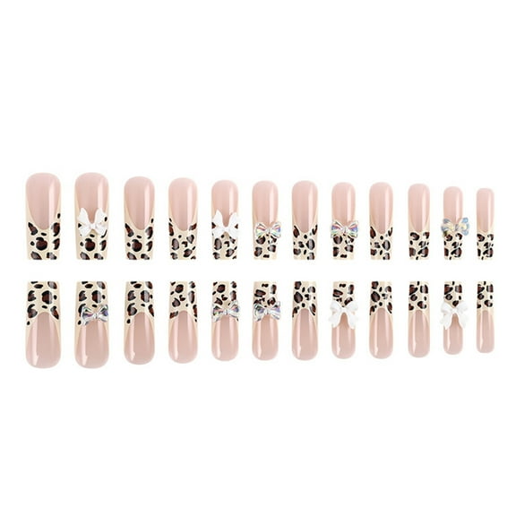 24 Pcs Leopards Print Press On Nails French Tips False Nails Bows Full Covers On Nails for Woman and Girls