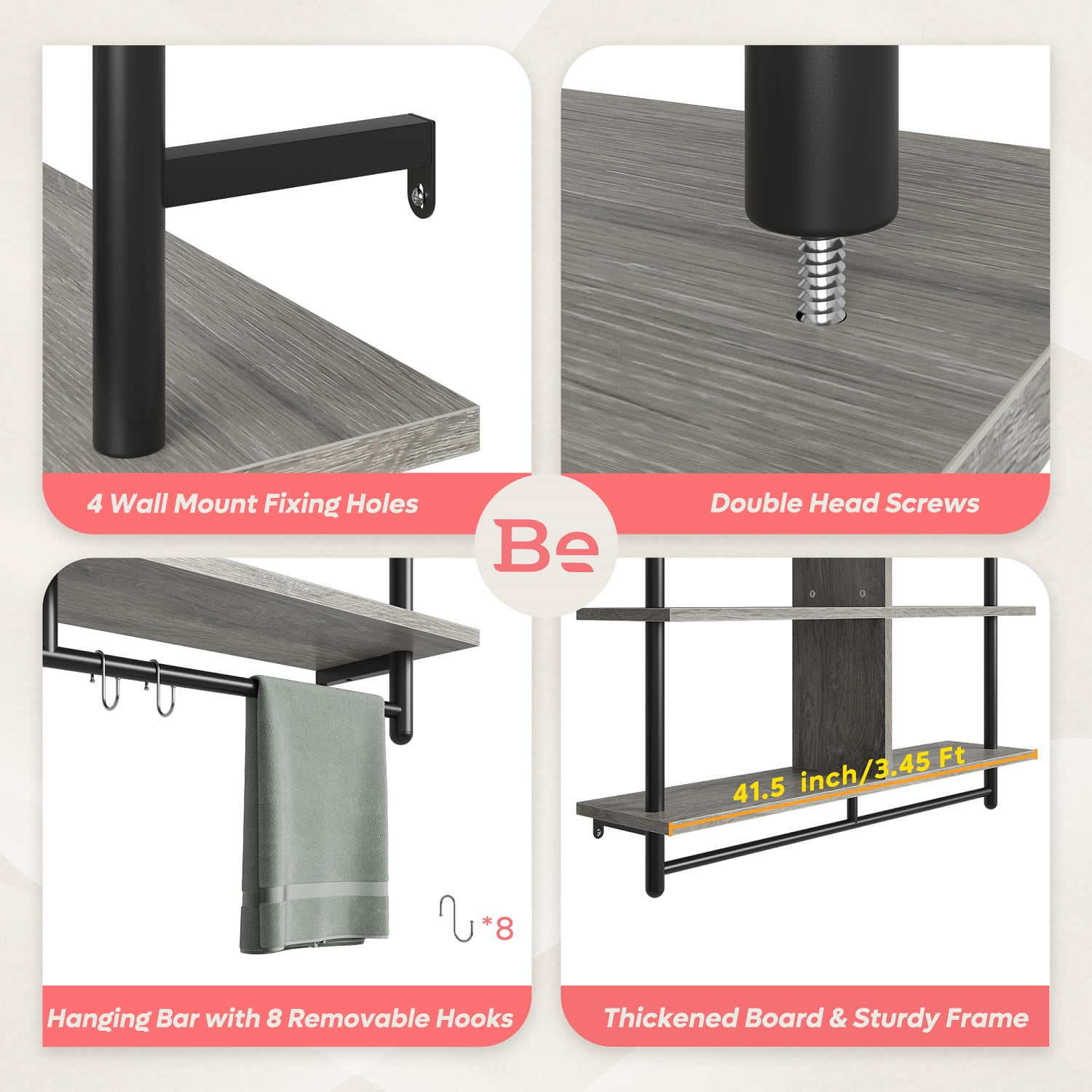 Bestier 41" Industrial Pipe Shelves Wall Mount, 3-Tier Floating Shelves for Kitchen Bedroom Bathroom in Grey