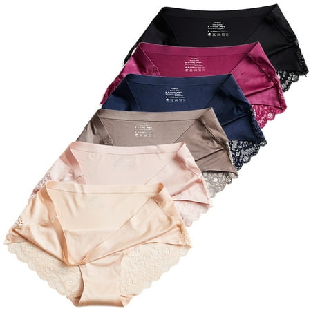 

6 Pack Women s Lace Panties Ice Silk No Trace Mid Waist Briefs(Beige/Pink/Gray/Blue/Purple/Black)