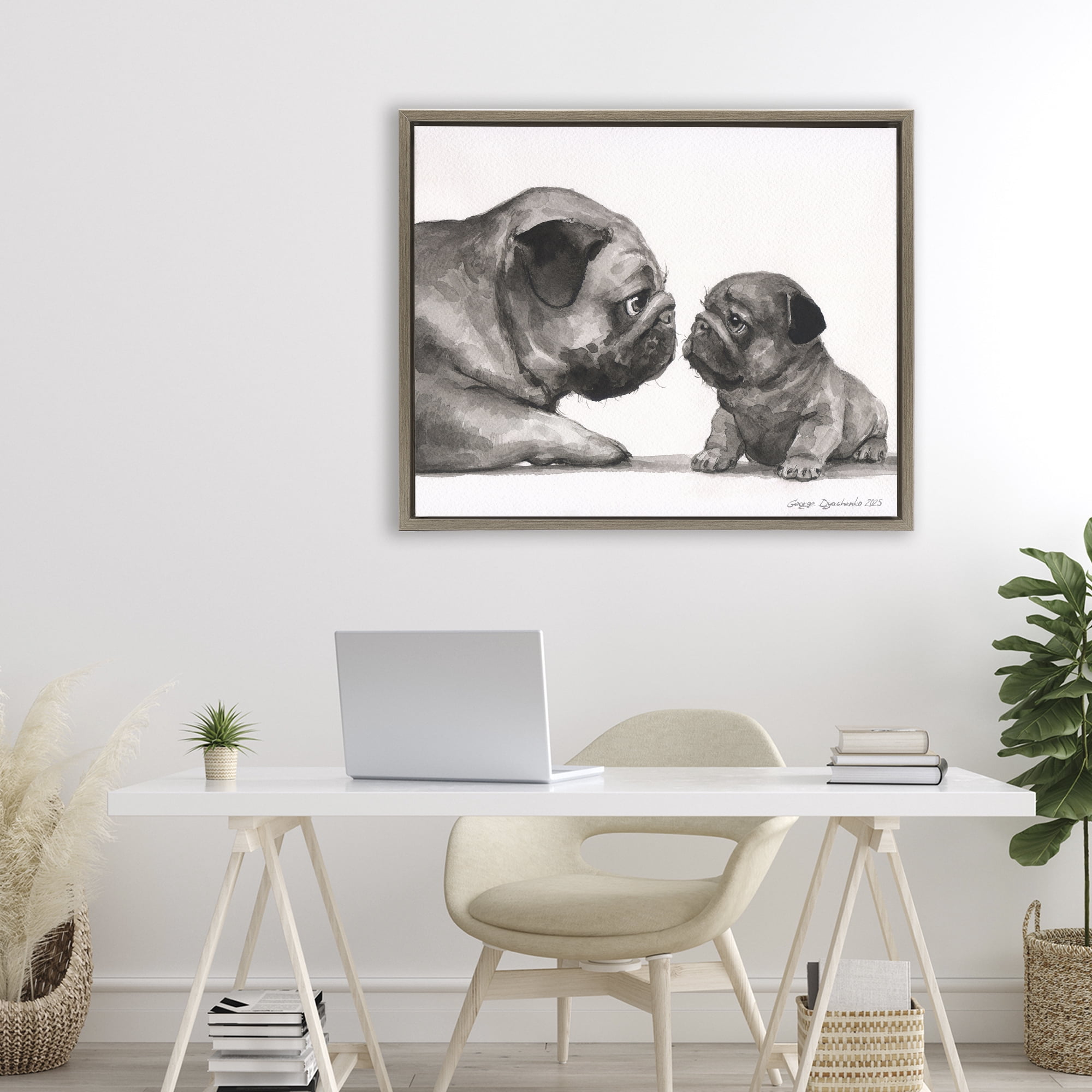Stupell Industries Pug And Her Puppy Brown Framed Floater Canvas Wall Art, design by George Dyachenko
