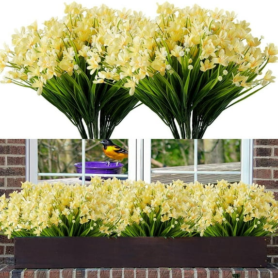 Sinhoon 10 Bundles Artificial Daffodils Flowers Faux Plastic Lotus Shrubs UV Resistant No Fade Faux Greenery For Bridal Bouquet Home Garden Hanging Planter Porch Patio Wedding Decoration(Yellow)