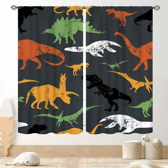 Dino Blackout Curtains, Colorful Cartoon Dinosaur Safari Wild Animals Art Printed Gray Baby Kids Window Drapes Treatments for Boys Bedroom Living Room Nursery 2 Panels Set, 84"x63" Inch
