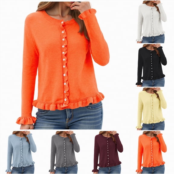 vigerkar Womens Casual Ruffle Cardigan Sweaters Button Up Crew Neck Long Sleeve Sweater Cute Soft Knit Tops (Black, M)