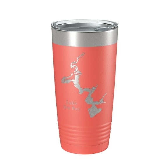 Lake Du Bay Map Tumbler Travel Mug Insulated Laser Engraved Coffee Cup Wisconsin 20 oz Coral