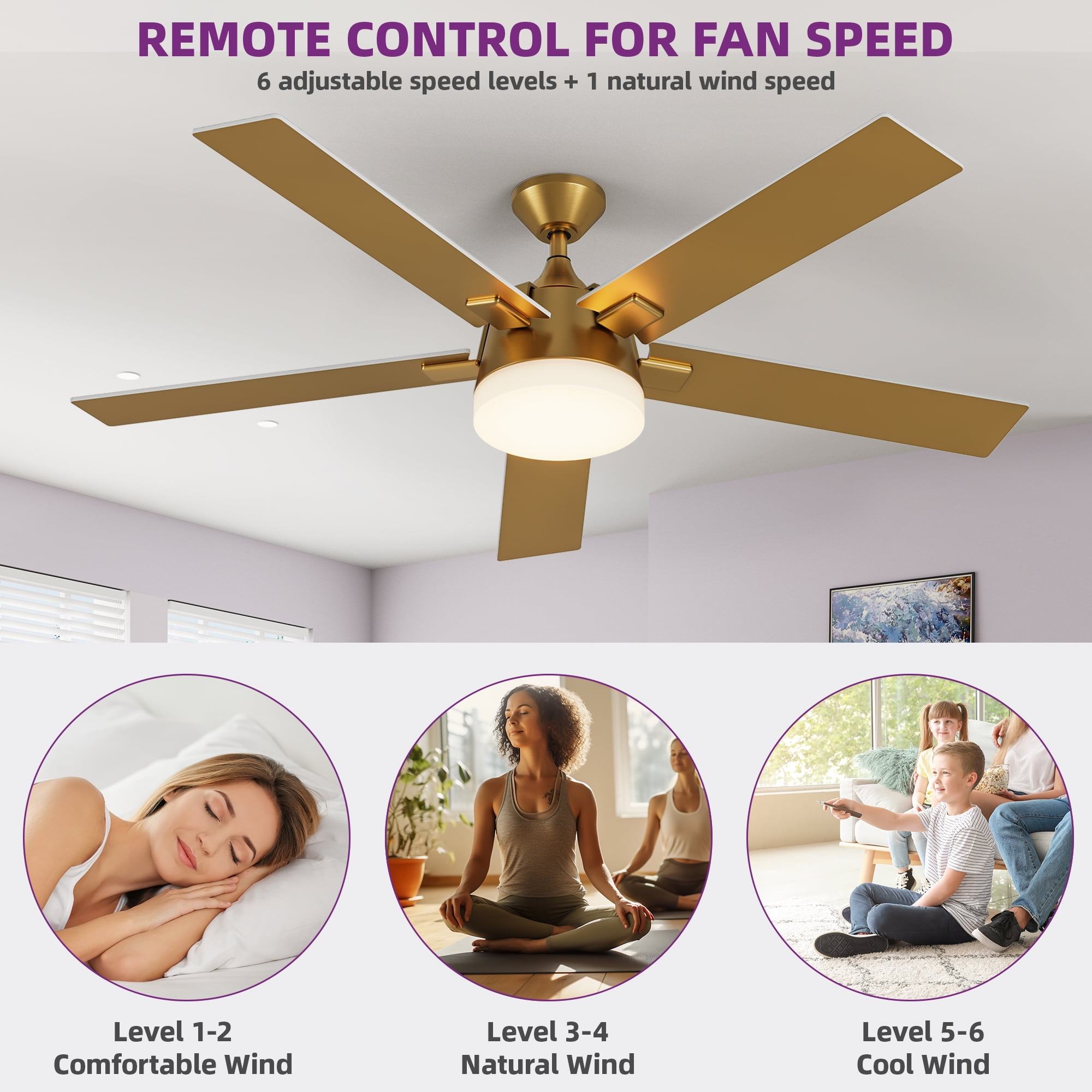 Uforic 52" Modern 5-Blade Ceiling Fan with LED Light, 6-Speed DC Motor, Reversible & Dual Downrods (White/Gold), DOE