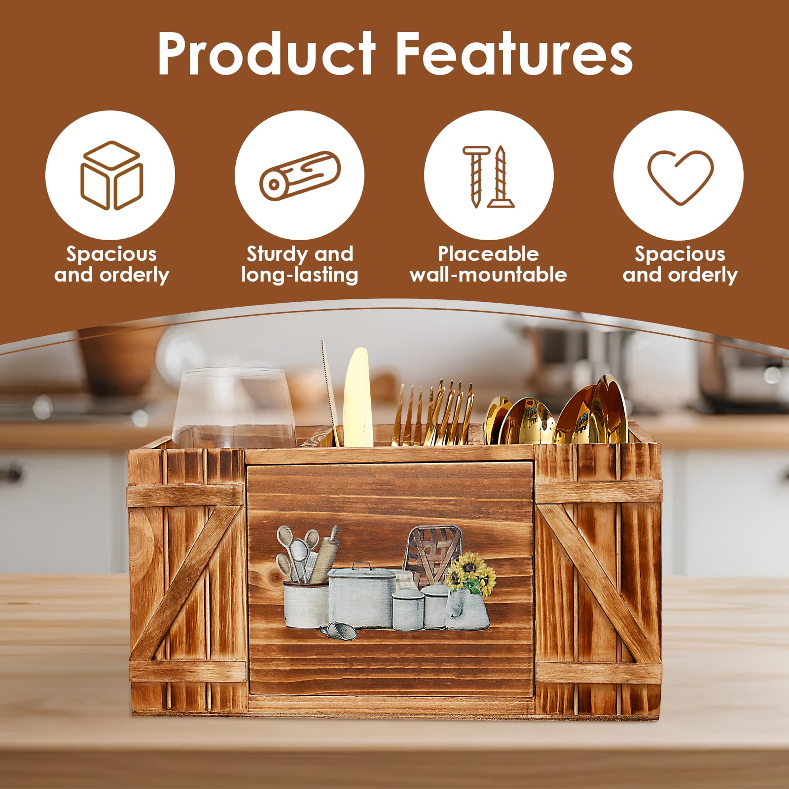 Tzdxfgl Wood Kitchen Utensil Holder for Countertop, Silverware Organizer with 3 Compartments, Large, Brown Sunflower