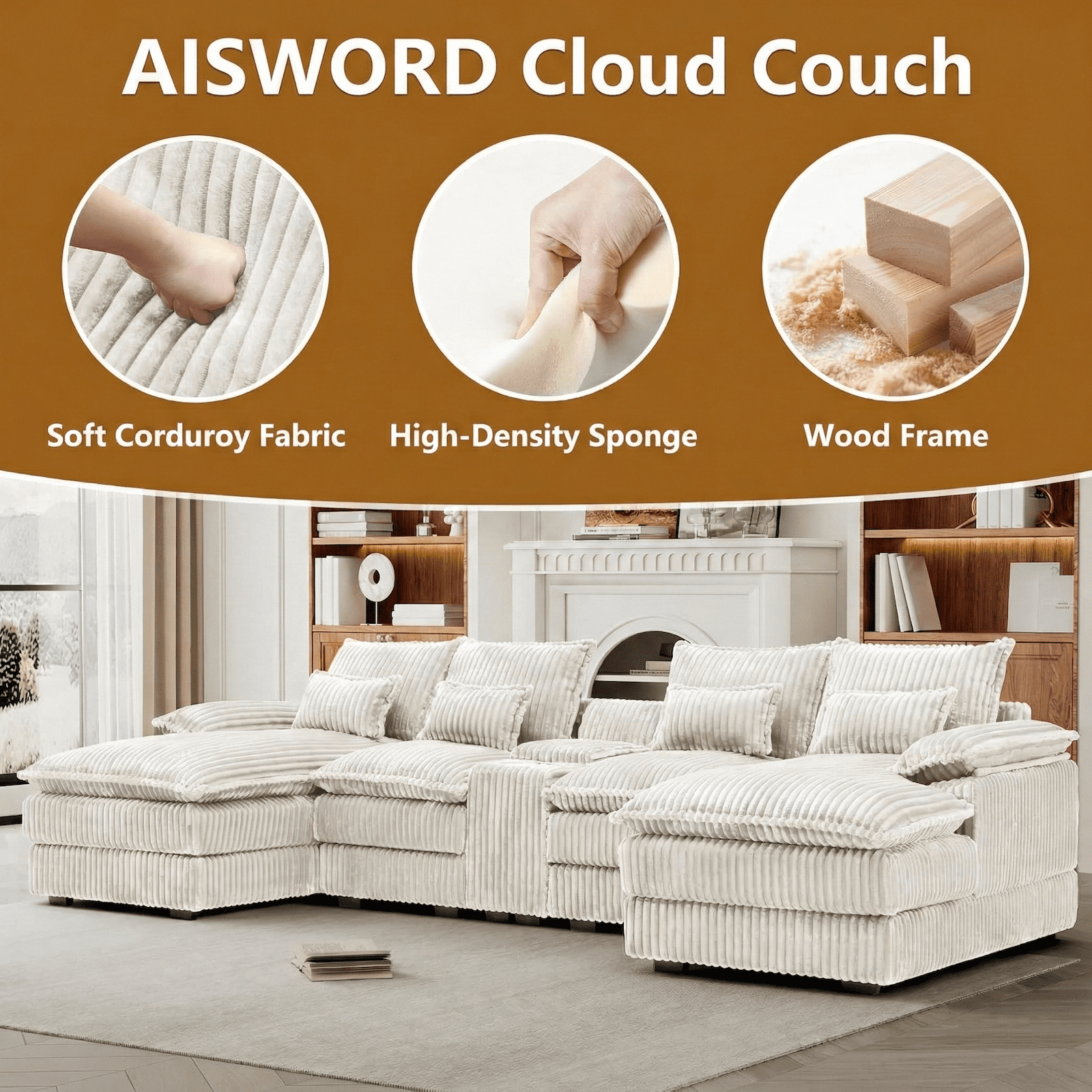 Aisword 124" U Shaped Cloud Couch Sectional with USB Charging, Hidden Storage, Cup Holders & Chenille Double Chaise, White