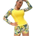 thumbnail image 3 of Jacenvly One Piece Swimsuits for Women 2024 Clearance New Style Long Sleeve Diving Suit Color Block Round Neck Surfing Swimwear Satiny Print Patchwork Bikini Set Two Piece Beachwear Yellow, 3 of 3