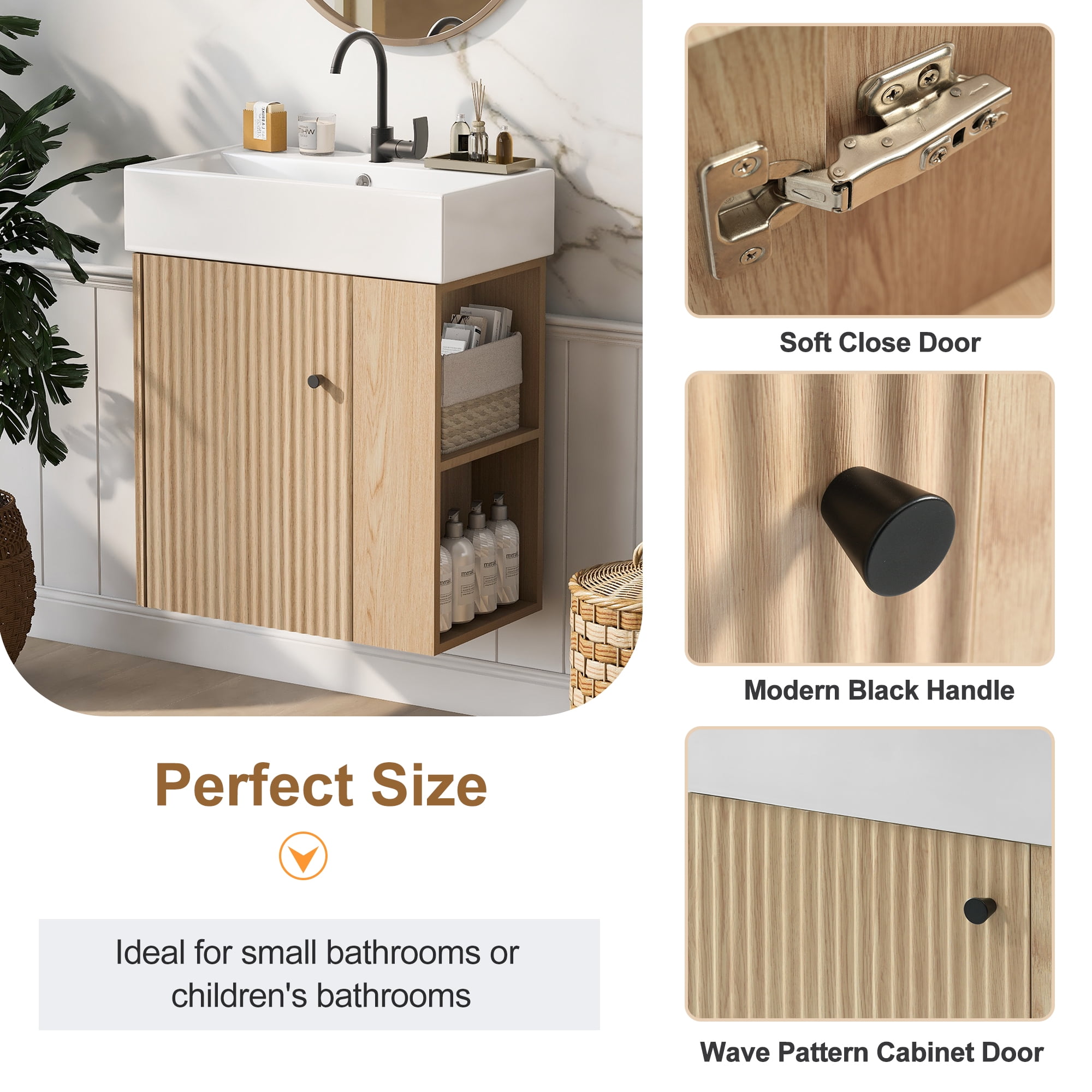 21.6" Floating Bathroom Vanity with Ceramic Basin - Perfect for Small Bathrooms, Right side storage