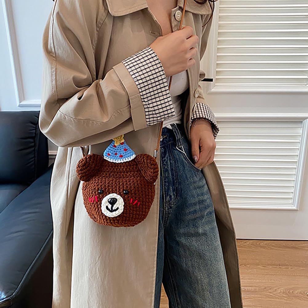 Baguery Handmade Crochet Party Hat Bear Crossbody Bag - Cute Knitted Animal Purse with Metal Frame, Mini Shoulder Bag for Women