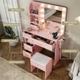 thumbnail image 3 of Vanity Desk with Mirror and Lights, 3 Adjustable Lighting Makeup Vanity Desk with 3 Storage Shelves, 5 Large Drawers and Power Outlet, Vanity with Chair for Bedroom, Pink, 3 of 16