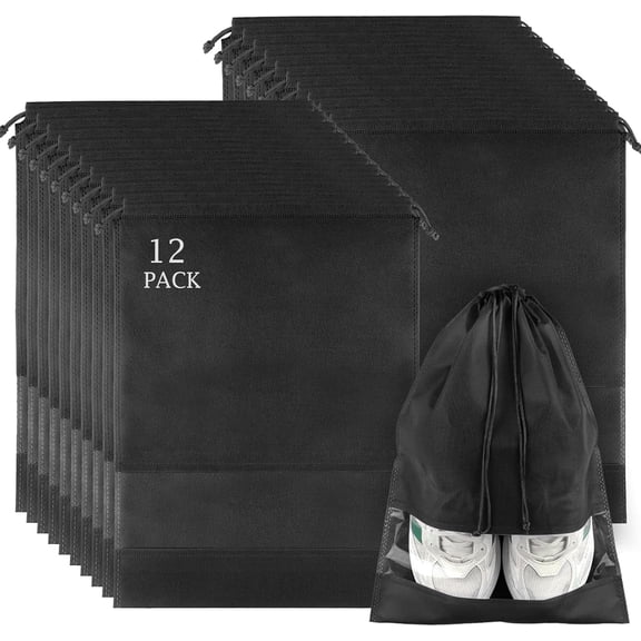 12 Pack Large Travel Shoe Bags for Packing with Clear Window - Dustproof Drawstring Shoe Storage for Men & Women, Black