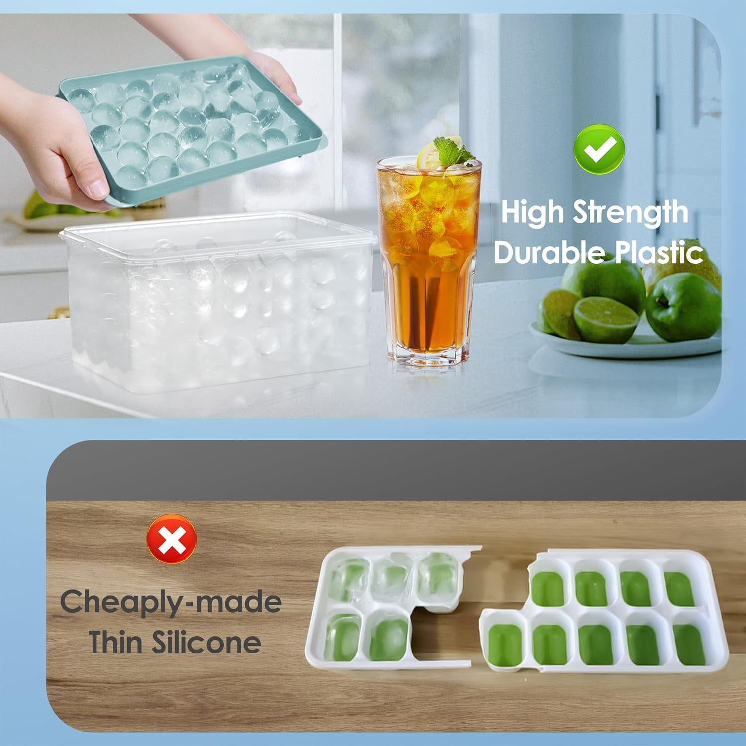 Ice Cube Tray with Lid and Bin - Round Ice Trays for Freezer with Lid - Ice Cube Trays for Freezer with Ice Container