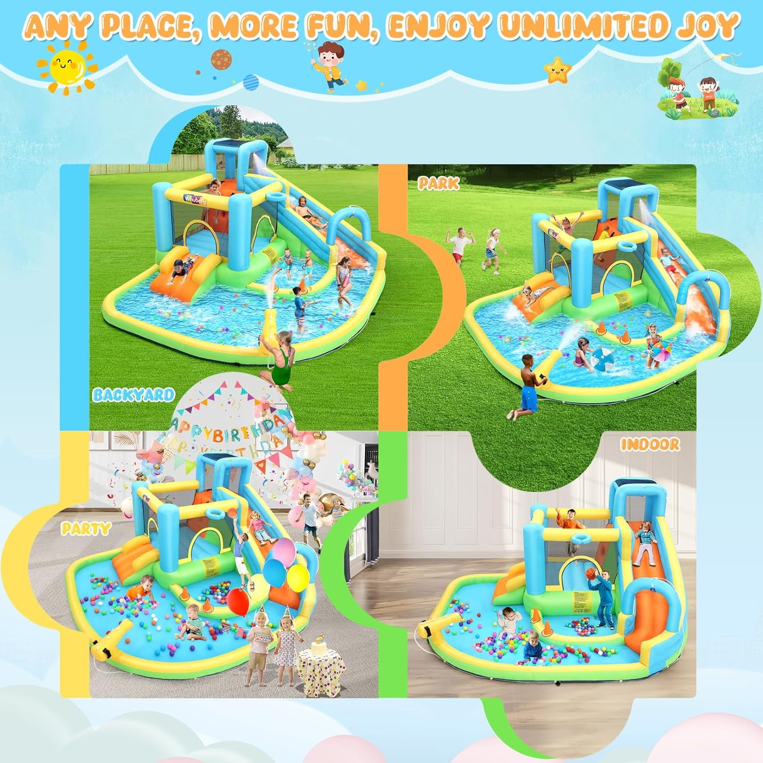 Veeboto Inflatable Water Slide for 3-12 Years, Bounce House with Climbing Wall, Ball Pool, Water Guns, Basketball Hoop, Hoop Game, Indoor/Outdoor Kids Bouncy Castle with Blower