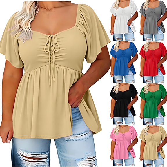 Casual Pluz Sise Tops for Women Ndbuld Women's Spring And Summer Solid Color Plus Size Fashion Elastic Petal Sleeve T-Shirt With Round Neck Khaki L