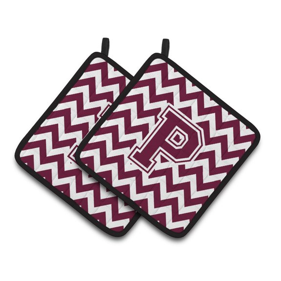 Letter P Chevron Maroon and White Pair of Pot Holders