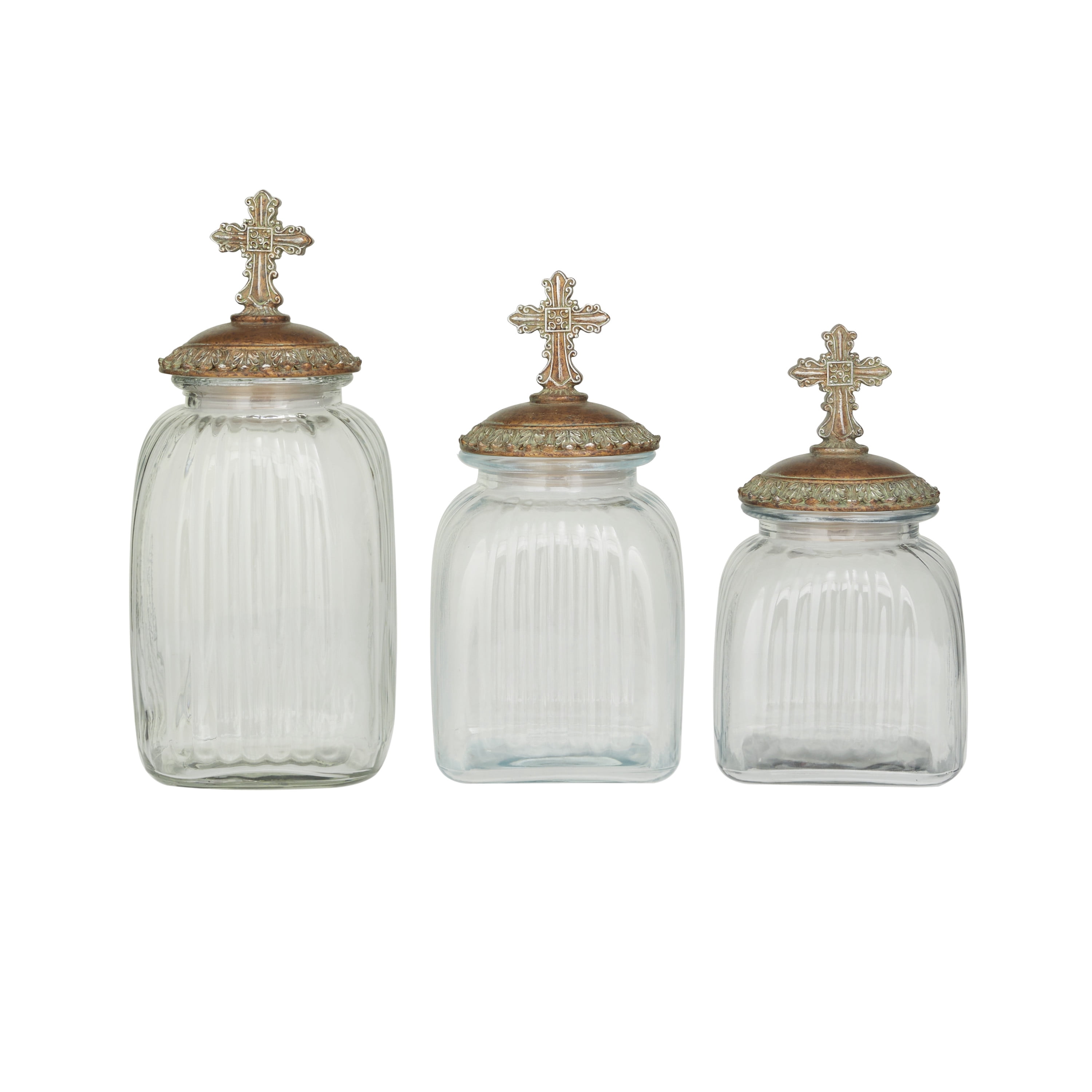 DecMode 15", 13", 11"H Clear Glass Biblical Decorative Jars with Cross Lids, 3-Pieces
