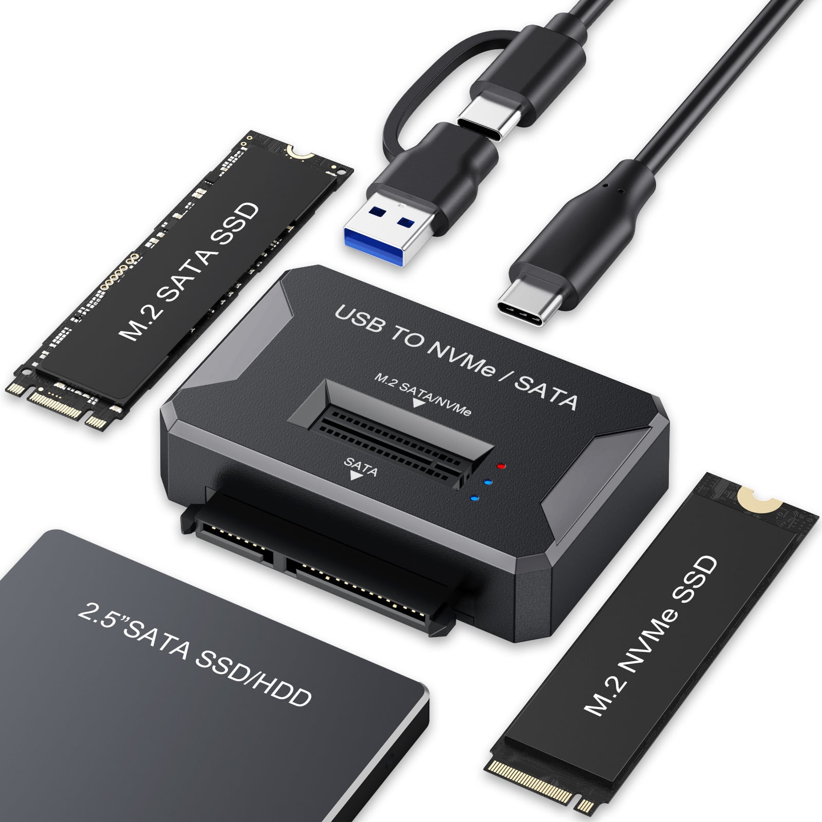 M.2 NVMe SATA SSD Enclosure, USB 3.2 Gen 2 10Gbps SSD Adapter for M.2 NVMe SATA M-Key B+M Key SSD and 2.5 inch SATA HDD SSD, External Hard Drive Reader Supports 2230 2242 2260 2280 22110