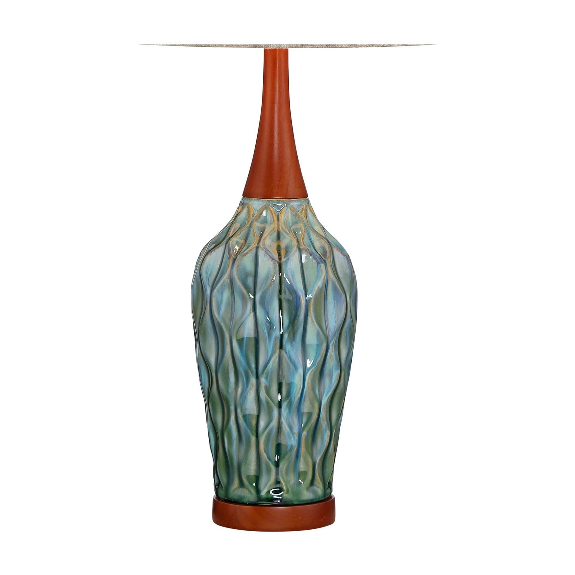 360 Lighting Rocco Modern Mid Century Table Lamp 30" Tall Blue Teal Glaze Ceramic with Table Top Dimmer Linen Fabric Drum for Bedroom Living Room Kids