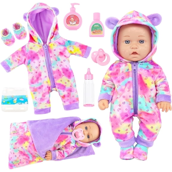 TDDS9 12 Inch Baby Doll-cloth body, Sleeping Bag, Pacifier, Bottle, Diaper & Care Set, Realistic Pretend Play Doll Accessories for Kids 3