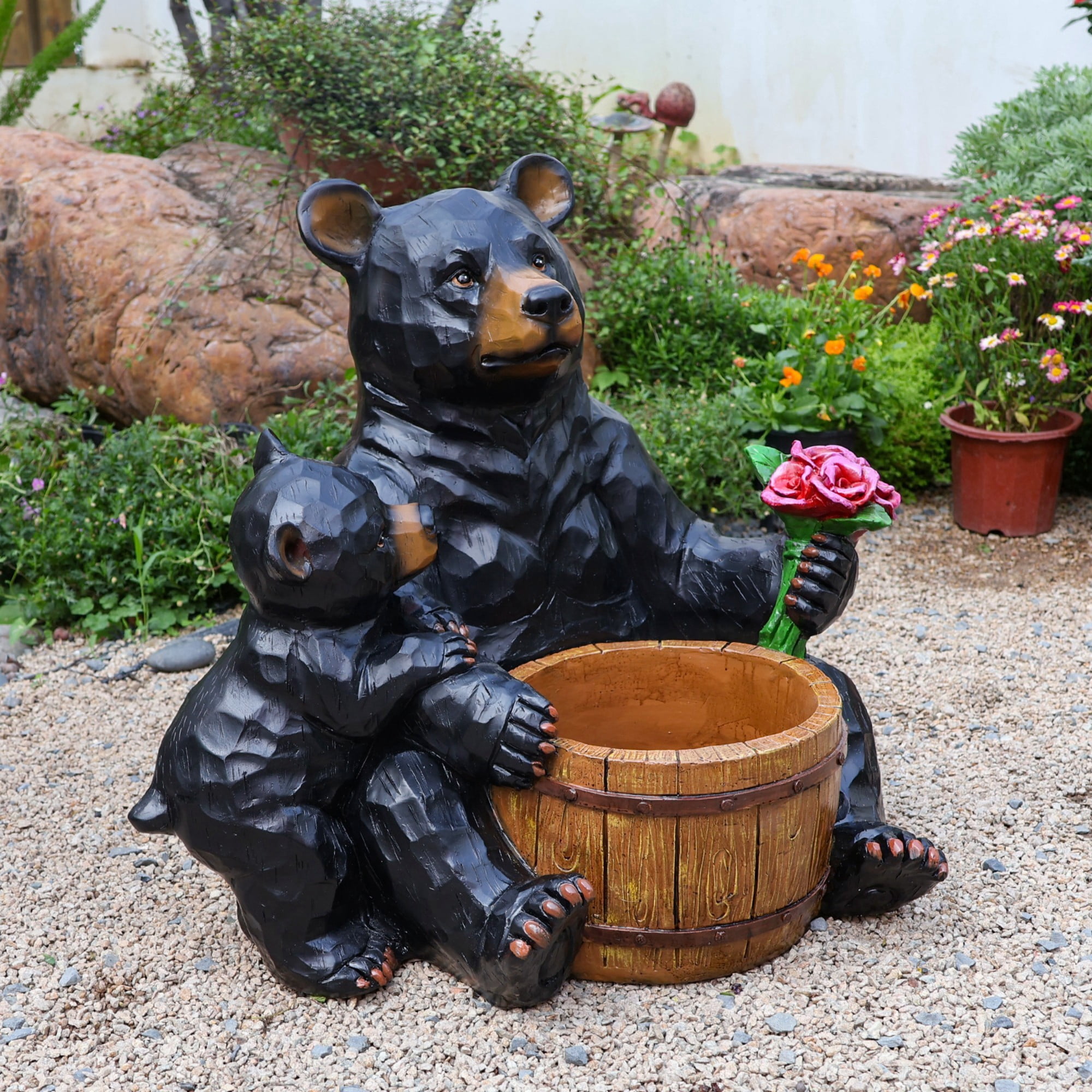 Bear Planter Statue Outdoor Garden Sculpture, Black Resin Flower Pot with Cub Design, Large Yard Decor for Patio Lawn