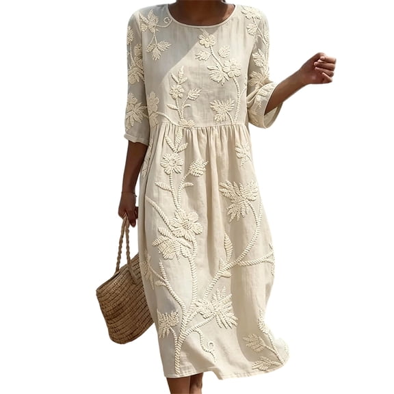 Ahabrexf Summer Dresses for Women, Floral Embroidered 3/4 Sleeve Round Neck Casual Midi Dress for Beach Vacation Wear