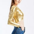 thumbnail image 2 of Ana Women Faux Leather Shiny Wetlook Crop Top Long Sleeve V-neck Top Dance Clubwear, 2 of 9