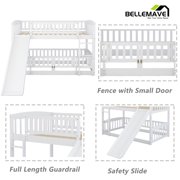 Bellemave Twin over Twin Bunk Bed , Floor Bunk Bed with Slide, Ldder, Door Openable Fence, Wooden Bunk Bed (White)