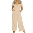 thumbnail image 2 of Black & Friday Deals Usmixi Jumpsuits for Women Dressy Casual Button up Comfy Cotton Linen Pocket Long Jumpsuits Overalls Summer V-Neck Short Sleeve Solid Maxi Formal Rompers Khaki l, 2 of 4