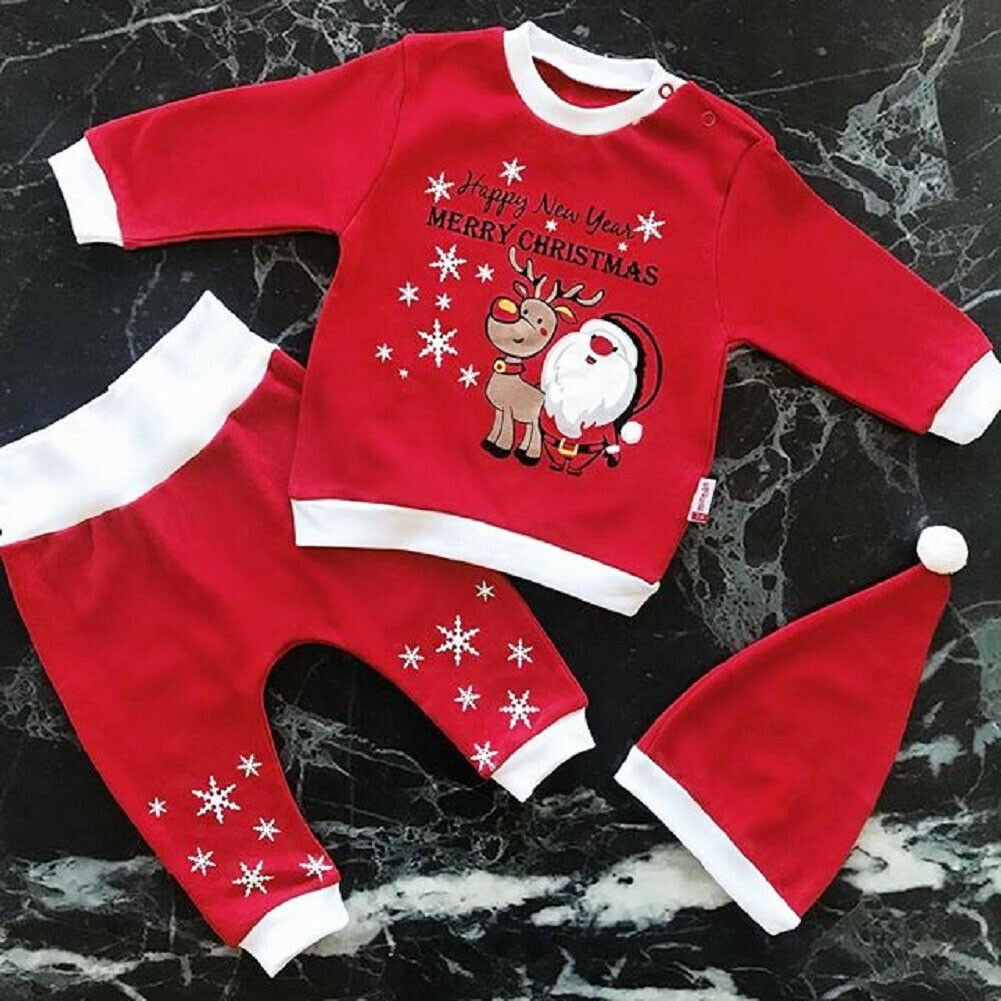 3PCS Newborn Baby Boy Girl Christmas Santa Claus Clothes Tops T shirt Pants Hat Outfits Age For 0 18 Months Walmart