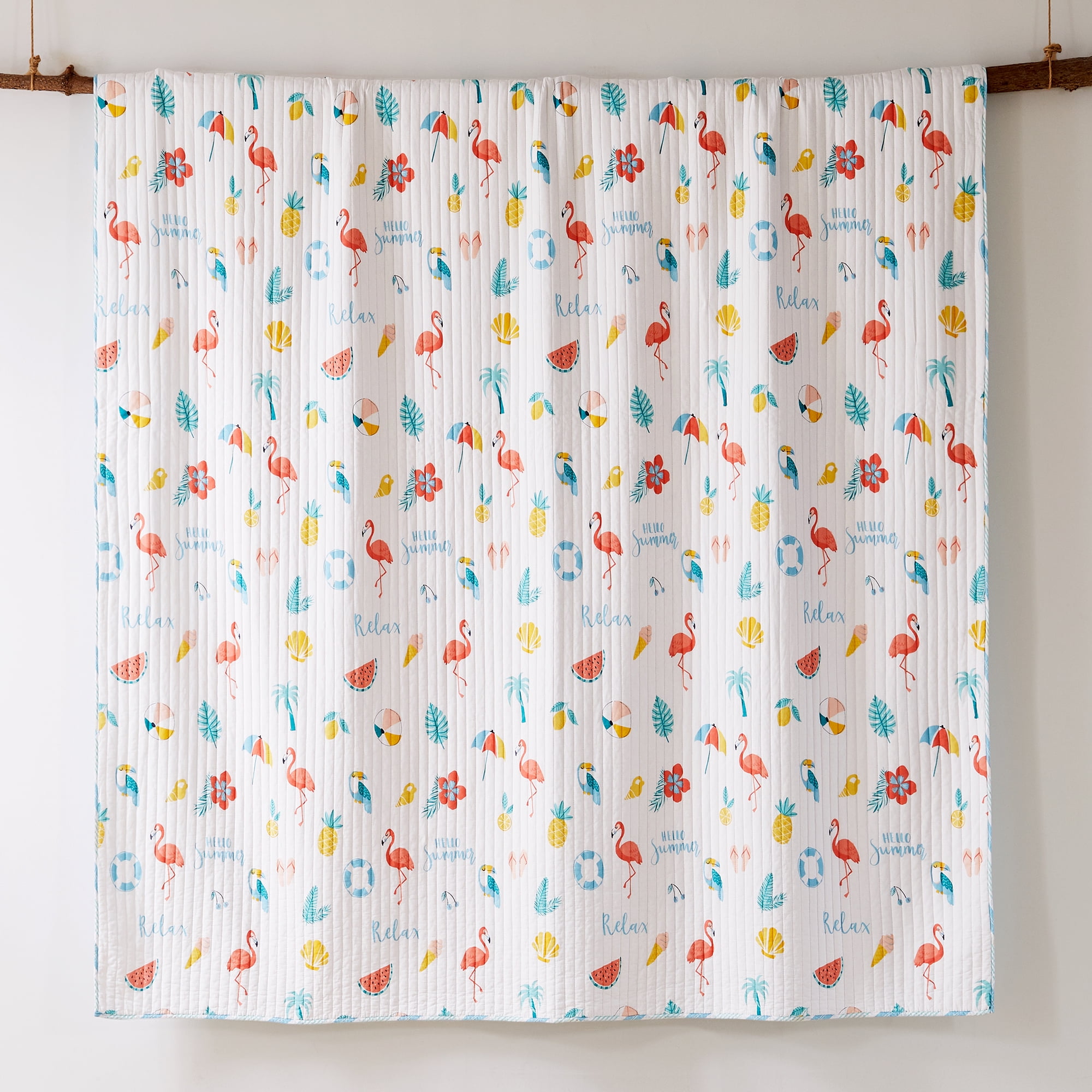 Levtex Home - Summertime Quilt Set - King Quilt and Two King Shams - Coastal Beach - Teal, Coral, Yellow, Blue and White - Quilt (106x92in.) and Shams (20x36in.) - Reversible - Cotton