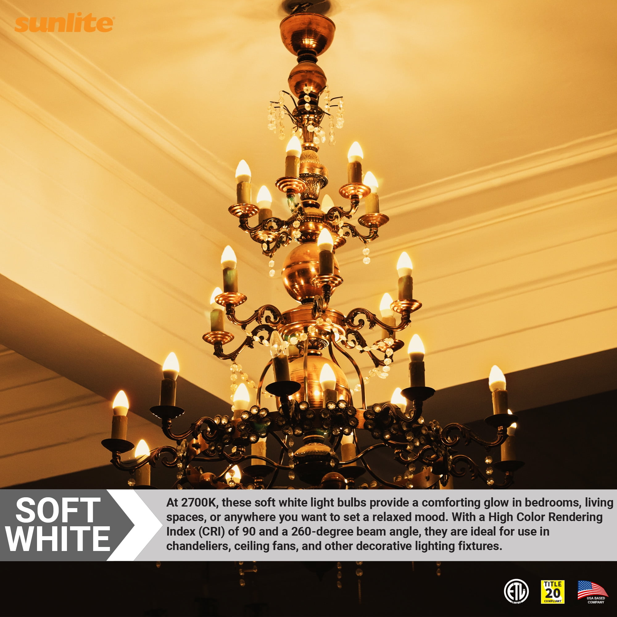 Sunlite LED B11 Frosted Chandelier CTF Light Bulb, 4.5 Watts (40W=), 300 Lumens, 120 Volts, Dimmable, Candelabra E12 Base, 90 CRI, ETL Listed, Torpedo Tip, 2700K Warm White, 6 Pack