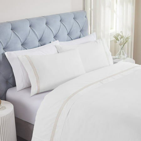 Superior Brandon Embroidered Cotton Bed Sheet Set, Full, White/Gold