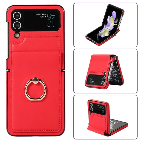 ELEHOLD for Samsung Z Flip 4 6.7 inch Slim Advanced Leather Texture Case, 360 Degree Rotatable Ring Buckle Magnetic Absorption Tempered Film Protection Shockproof Folding Case,Red