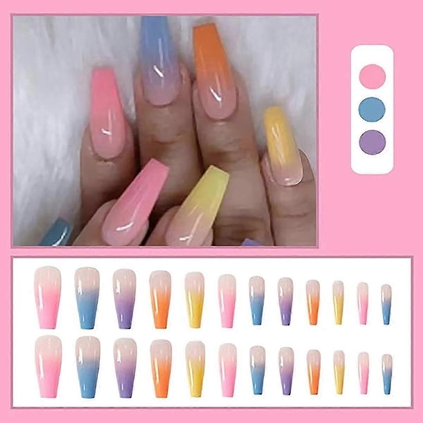 48 Pcs Press On Nails Coffin, Long Fake Nails Rainbow Gradient Color Glossy Acrylic Ballerina False Nails For Women And Girls Rainbow