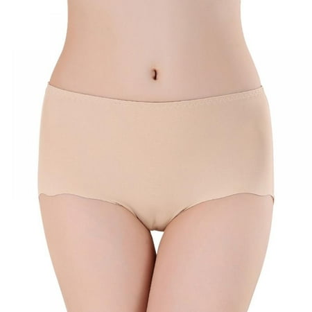 

Women Ice Silk Seamless Ultra-Thin Briefs Quick Dry Stretch Mid Waist Panties Underwear Plus Size Beige M