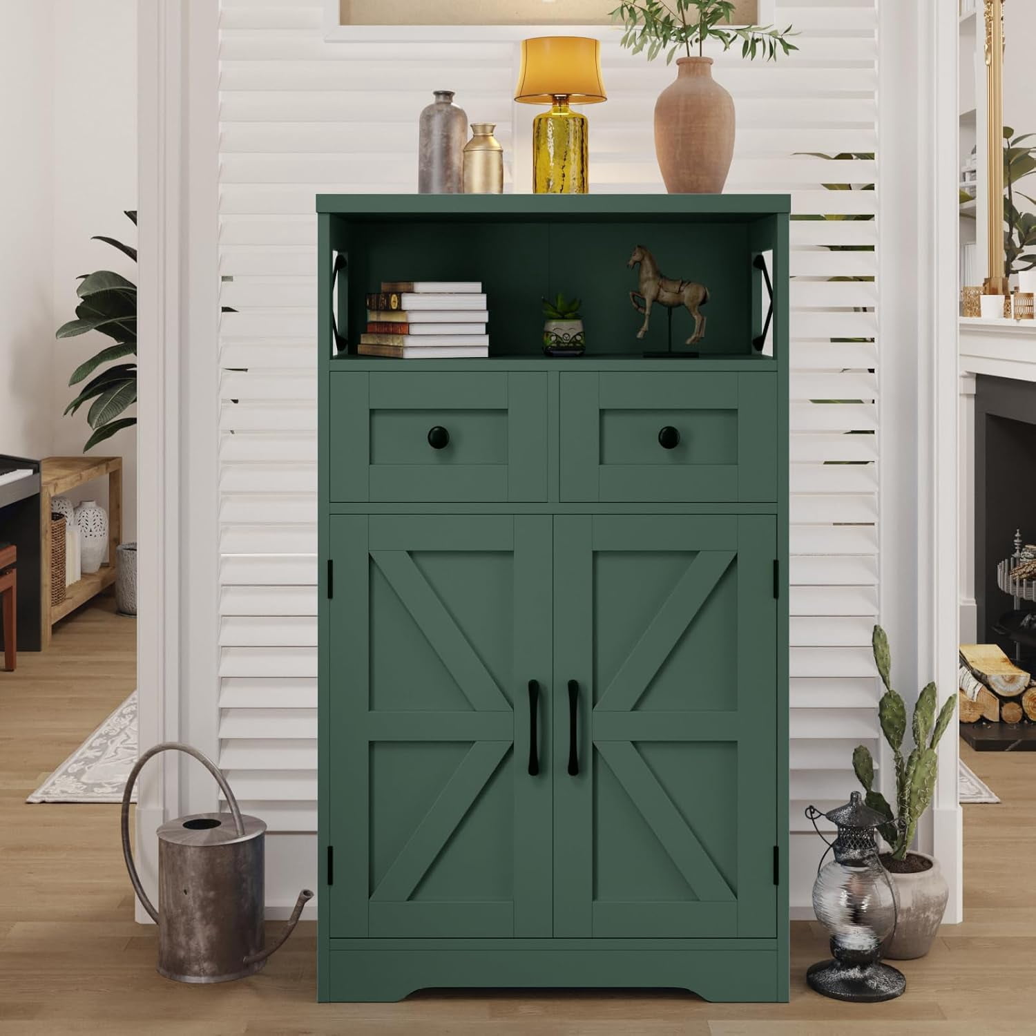 Farmhouse Dark Green Storage Cabinet with Barn Doors and 2 Drawers, Small Freestanding Kitchen Pantry Cabinet, Floor Storage Cabinets Hutch Cupboard for Kitchen/Laundry/Living Room/Bedroom